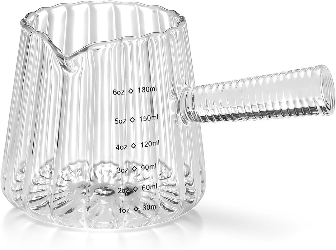6OZ Glass Measuring Cup - 180ml Borosilicate Glass Espresso Shot Glass with Glass Handle, V-Shaped Spout for Milk Frothing, Espresso Accessories for Machine, Dishwasher Safe