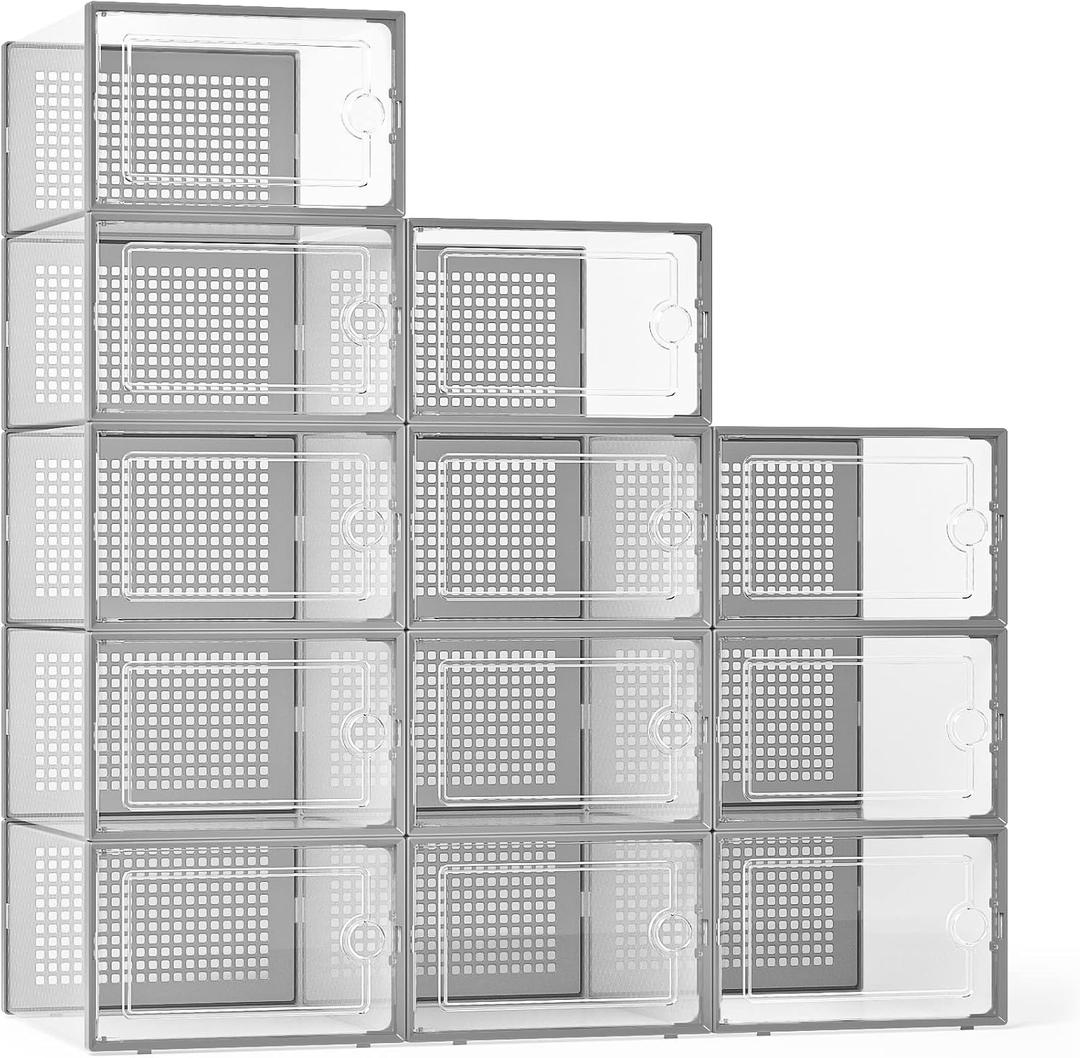 Kuject X-Large Shoe Storage Boxes Organizers Clear Plastic Stackable 12 Pack, Shoe Rack & Holder Substitute, Sneaker Containers, Toy Storage Organizer Bins for Entryway, Closet, Under Bed, Grey