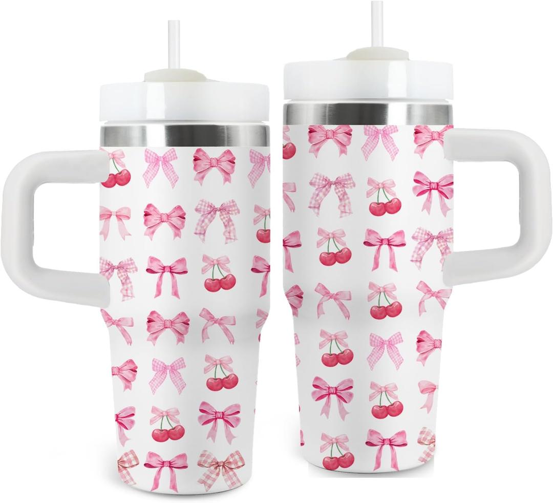 Bow Gifts for Girls - 14oz Pink Kids Bowknot Themed Tumbler with Handle and Straw, Stainless Steel Insulated Water Cup, for Sport, School, Travel - Cute Pink Bow Themed Children Birthday Gift Cup(1pc)