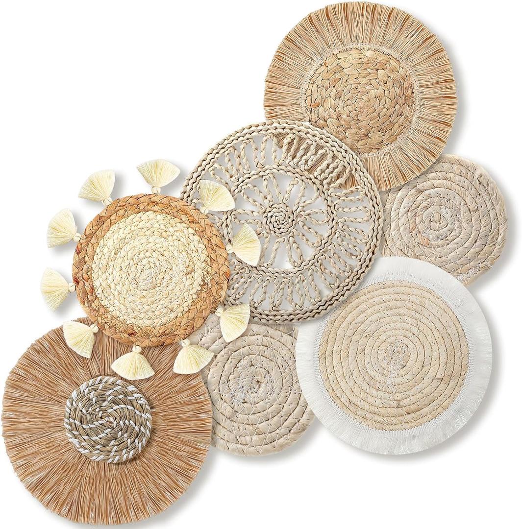 7 Pcs Boho Wall Basket Decor Hanging Handcrafted Seagrass Woven Round Bohemian Basket Wall Decoration Art for Farmhouse Home Room Rustic Decorations Table, Multi Sizes(Vintage)