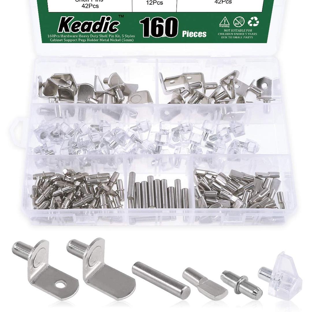 Keadic 160Pcs Nickel Plated Shelf Pegs Shelves Pins Kit, 5 Styles Hardware Heavy Duty Shelf Pin Cabinet Furniture Shelf Pins Support Bracket Pegs Cabinet Support Shelf Pins for Furniture (5mm & 6mm)
