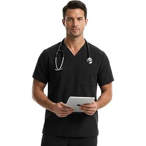YESWEL Mens Scrub Top with 1 Chest Pocket, Modern V-Neck Scrubs Top, 4-Way Stretch, Soft, Durable, Breathable, Moisture-Wicking, Black, M