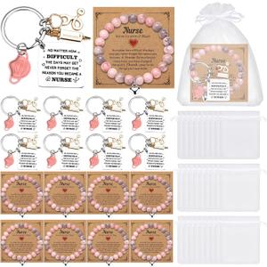 Sureio 48 Pcs Nurse Bracelet Gifts Set for Women, Nurse Graduation Keychain, Natural Stone Bracelet and Appreciation Card for Nursing Week Student Practitioner Gift for Her Women