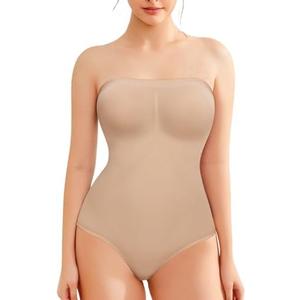 Miguofan Strapless Shapewear Bodysuit for Women Tummy Control, Seamless Tube Top Bodysuit Body Shaper Off Shoulder Leotard (Beige, Small)