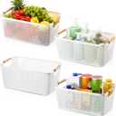 Tioncy 4 Pcs White Mesh Baskets with Wooden Handles Plastic Storage Organizer Baskets Pantry Basket Fruit Vegetables Gathering Basket Bin for Organizing Cabinet Closet Bedroom Kitchen(Large)