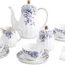 Ceramic Tea Set Vintage Floral,Teapot， Cup and Saucer Set, Sugar Bowl and Creamer Pitcher with Spoons (Little Blue Flowers)