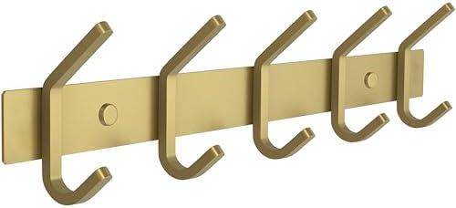 SAYONEYES Brushed Gold Wall Mounted Coat Rack – 15 Inch Stainless Steel Rail with 5 Double Coat Hooks for Entryway, Bathroom, Bedroom, Kitchen – Modern Gold Hook Rack for Coats, Hats, Towels(Bent)