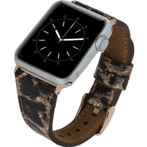 Venito Messina Leather Slim Watch Band Compatible with Apple Watch Ultra 2 / Ultra Series 9 8 7 6 5 4 3 2 1 SE 49mm 45mm 44mm 42mm 41mm 40mm 38mm (Leopard Pattern w/Rose Gold Connector&Clasp)