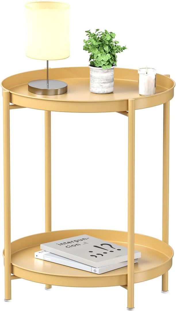 EKNITEY 2 Tier Side Table - Metal end Table Waterproof Small Sofa Coffee Side Tables Bedroom Indoor Outdoor with Removable Tray for Living Room Bedroom Balcony and Office (Gold)