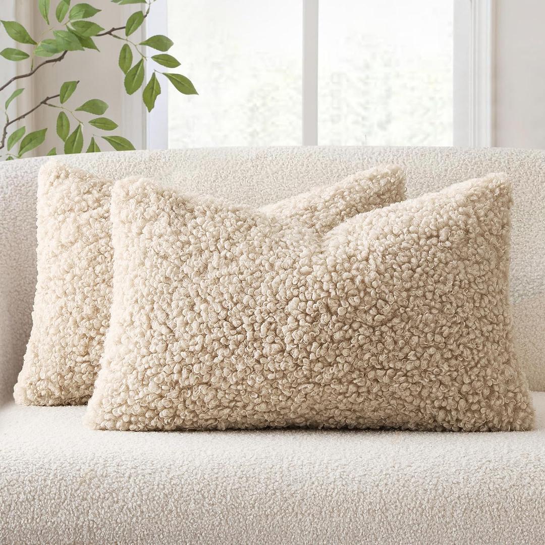 EMEMA Pack of 2 Teddy Faux Fur Throw Pillow Covers 12x20 Inch Soft Fuzzy Sherpa Sheepskin Decorative Cushion Cases Cozy Boucle Fleece for Couch Bed Boho Living Room Decor Neutral Oatmeal
