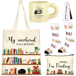 Book Lovers Gifts for Women 5PCS Coffee Mug Socks Reader Canvas Tote Cosmetic Bag Bookmark Tassel Booklovers Gift Set for Christmas Girls Staff Teacher Librarian Club Birthday Appreciation Accessories