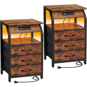 End Tables Set of 2, Nightstands with Charging Station and LED Lights, 3 Drawers Fabric Dresser, Storage Side Tables for Bedside, Living Room, Rustic Brown