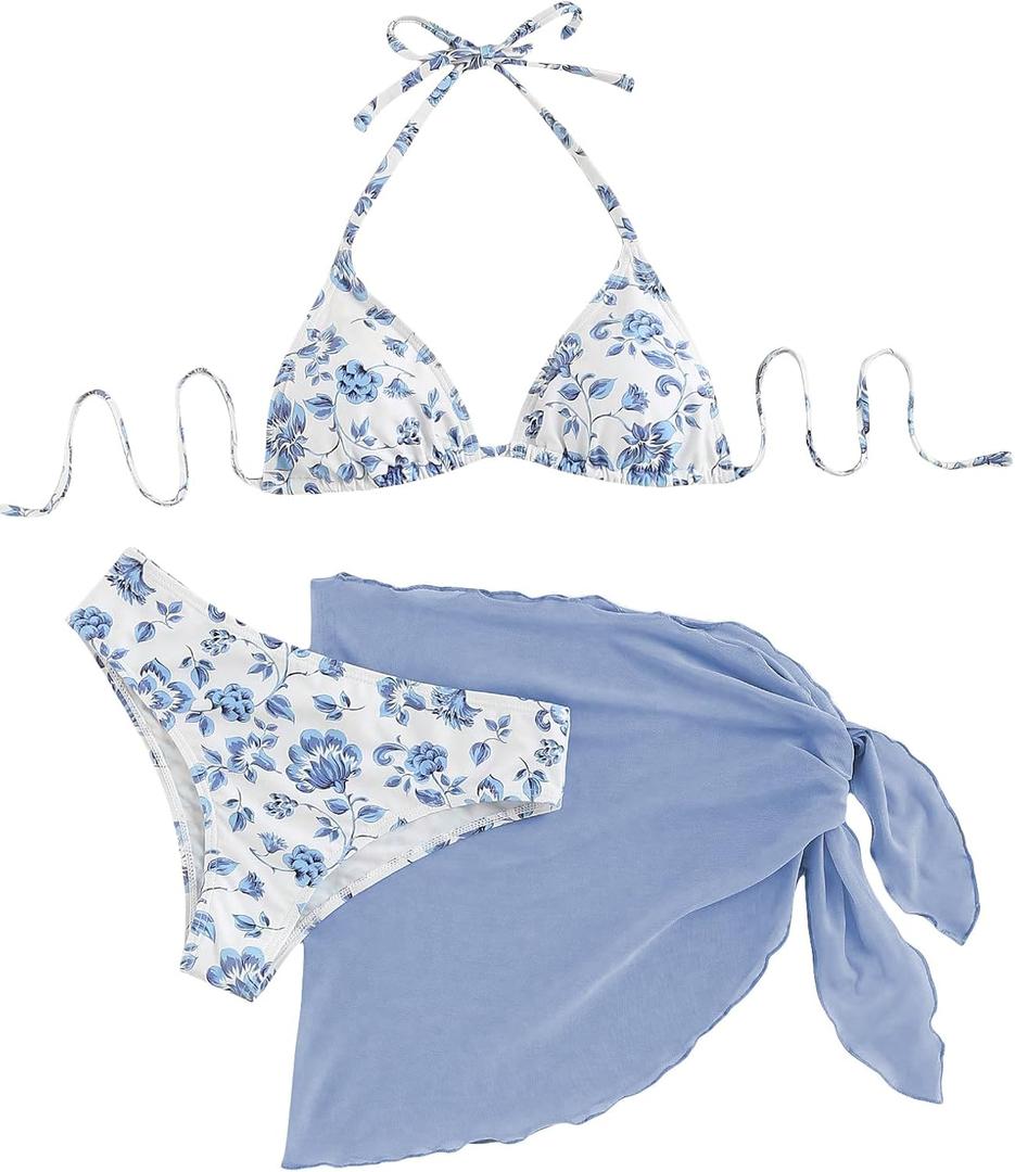 SHENHE Women's 3 Piece Floral Bikini Set with Wrap Coverup Halter Triangle Swimsuits (Medium)
