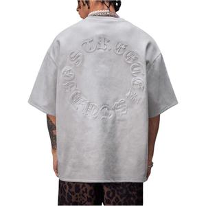 SHENHE Men's Oversized Graphic Tee Letter Embossed Short Sleeve Drop Shoulder Crewneck Streetwear Novelty T-shirt (Medium, Light Grey)