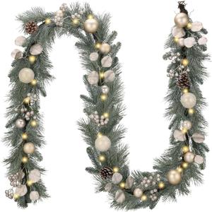 Valery Madelyn 9 Ft Pre-Lit Christmas Garland with Lights for Mantle, Lighted Outdoor Xmas Garland with Silvery White Ball Norfolk Pine for Home Stairs Fireplace Table Centerpiece Indoor Holiday Decor