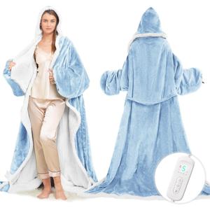 Wearable Heated Blanket with Foot Pocket, Electric Wearable Throw Blanket with Sleeves, Hood, Portable Heated Blanket with 8 Heat Settings, 1-10 Hours Auto Shut-off, Gift for Family, Friends, 50*70" (Light Blue)