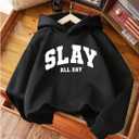 RoseSeek Girl's Letter Graphic Hoodies Long Sleeve Pullover Sweatshirts Streetwear, 15 Years, Black