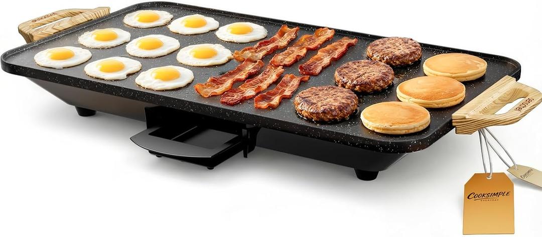 CookSimple Everyday 20"x12" Electric Griddle1700W Nonstick ILAG Granite Surface, Large Flat Design, Perfect for Family Meals, Pancakes&Eggs, Fast Even Heating, Easy to Clean, Granite Black