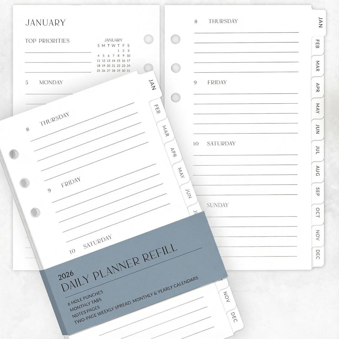 Beautiful 2026 Daily Planner Inserts for 6 Ring Binders - Durable Paper Refill Set 3.75" x 6.75" Personal Planner Size - Incl. Tabs & Monthly Calendar Spreads - From January 2026 - December 2026