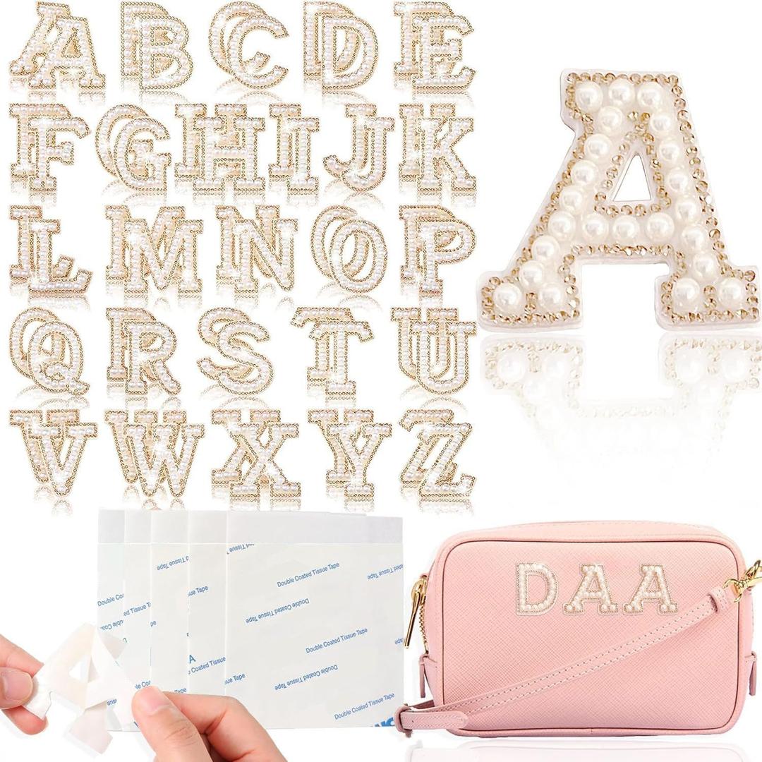 52PCS 2Set A-Z Bling Pearl Rhinestone Letter Patches W/Self Adhesive, Glitter Alphabet Appliques Initial Stickers Decorative for DIY Craft Clothes Bags Hats Phone Backpacks Shoes (White Gold)