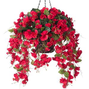 Artificial Fake Hanging Hibiscus Flowers Plants Baskets for Outdoor Spring Summer Decoration, Faux Silk Hibiscus Long Vines in Planter UV Resistant Realistic for Home Porch Balcony Patio Yard, Red