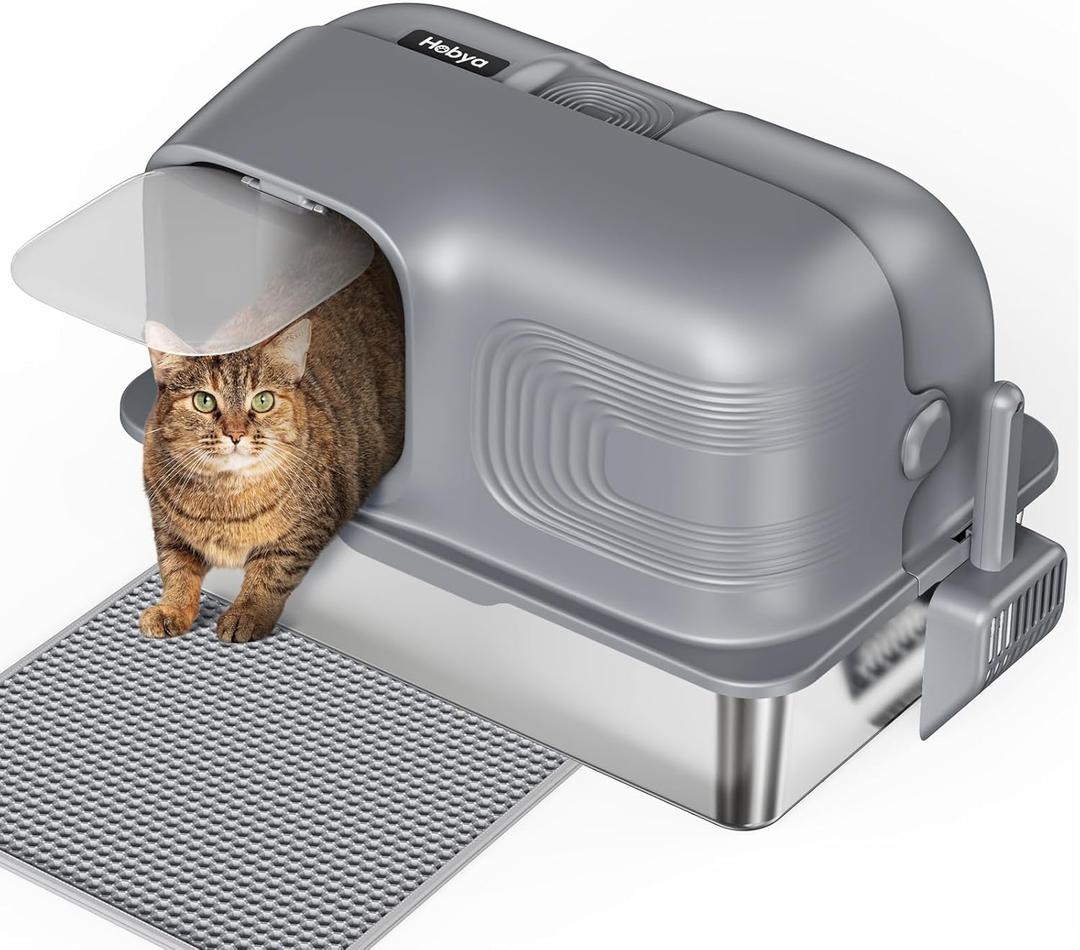 Enclosed Stainless Steel Litter Box with Lid, XL Side Entry Extra Large Litter Box for Big Cats & Multiple Cats,Metal Cat Pan with High Sided,Include Scoop and Mat,Anti-Leakage, Odor Free, Non-Sticky