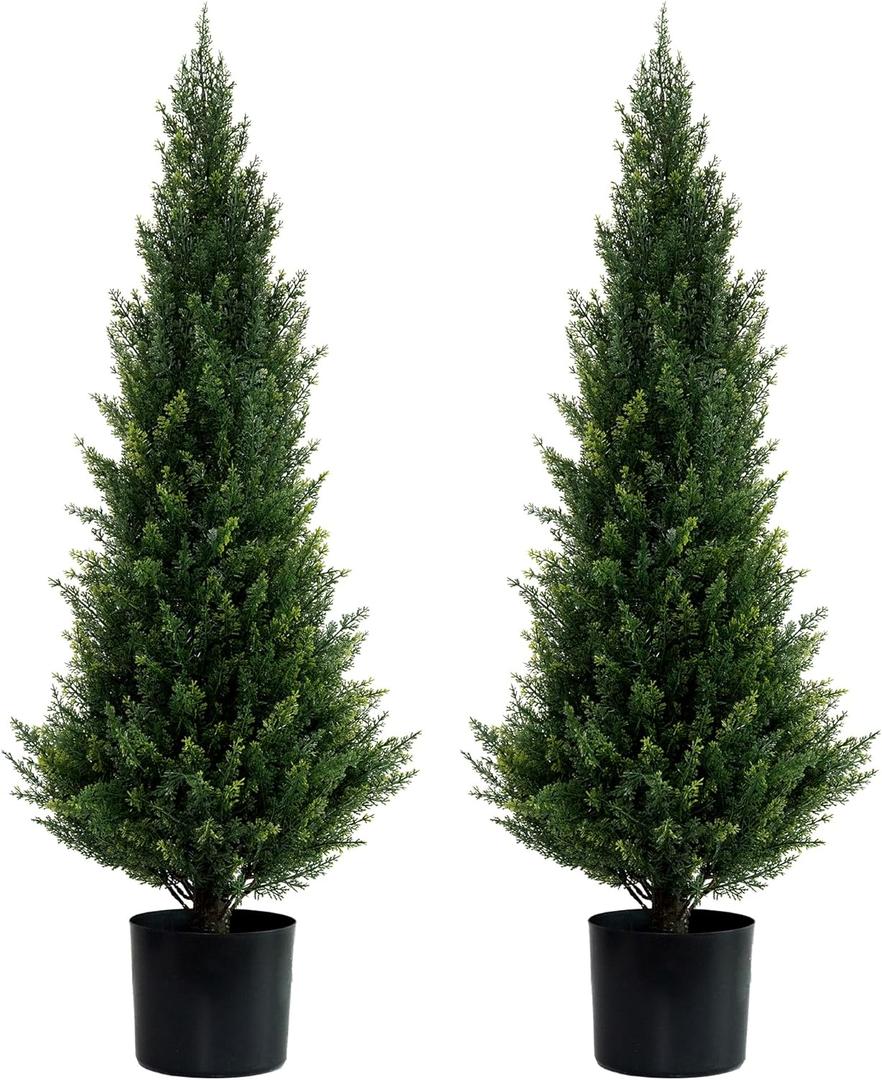 Artificial Topiary Cedar Trees Faux Pine Shrubs UV Resistant Artificial Bushes Artificial Plants for Indoor Outdoor Garden,3 Feet-2 Pack