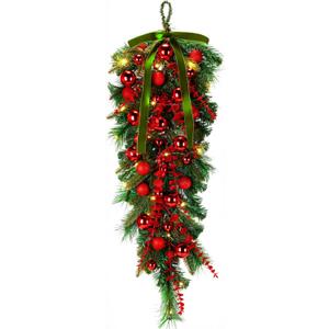 36 Inch Green Extra Long Valentines Teardrop Swag with Lights Red Balls Velvet Bows Cedar Teardrop Wreath Ornaments Valentines Decorations for Indoor Outdoor Stairs Hanging Doors Tables
