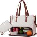 LOVEVOOK Lunch Tote Bag for Women, 15.6 Inch Laptop Bag with Insulated Lunch Compartment, Quilted Large Capacity Computer Handbag with Purse for Business, Work, Collage, Office, Casual, Beige-brown