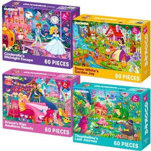 QUOKKA Puzzles for Kids Ages 4-6 4-Pack 60-Piece Puzzles for Kids Fairy Tale Jigsaw Puzzle Set Toddler Puzzle Ages 4-6 Educational Learning Toys FSC Certified Gift for 5 Year Old