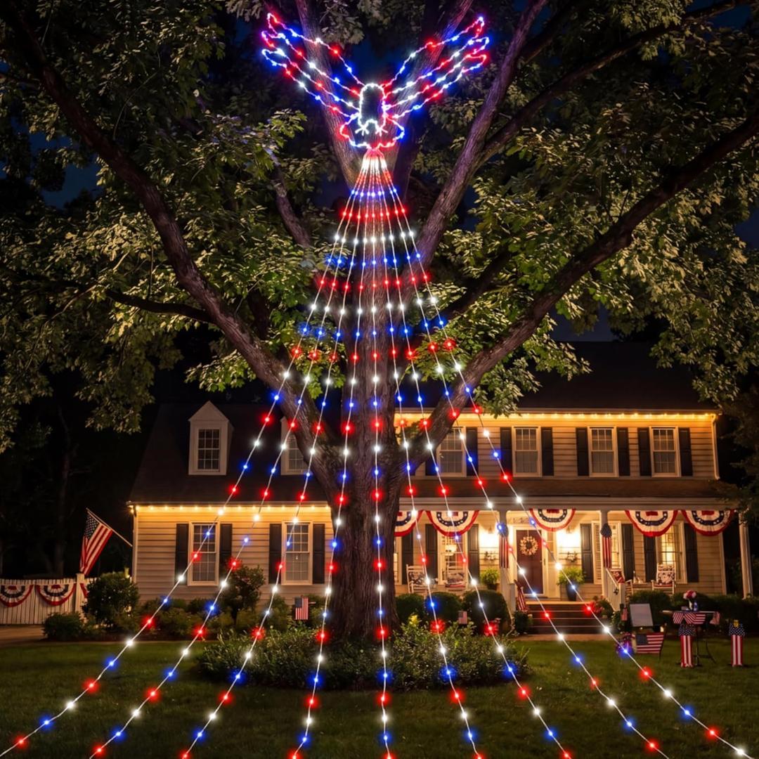 Glooglitter 11.5ft 4th of July Outdoor Light Decor 250th Anniversary Patriotic Hawk Waterfall Lights Blue Red White Eagle LED USB Powered for Independence Day Memorial Party Tree Yard Door Wall Decor