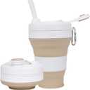 Silicone Coffee Cup with Straw lid Collapsible Cups for Traveling 20oz Lightweight Folding Water Mug for Picnic Hicking Camping Climbing (Khaki)