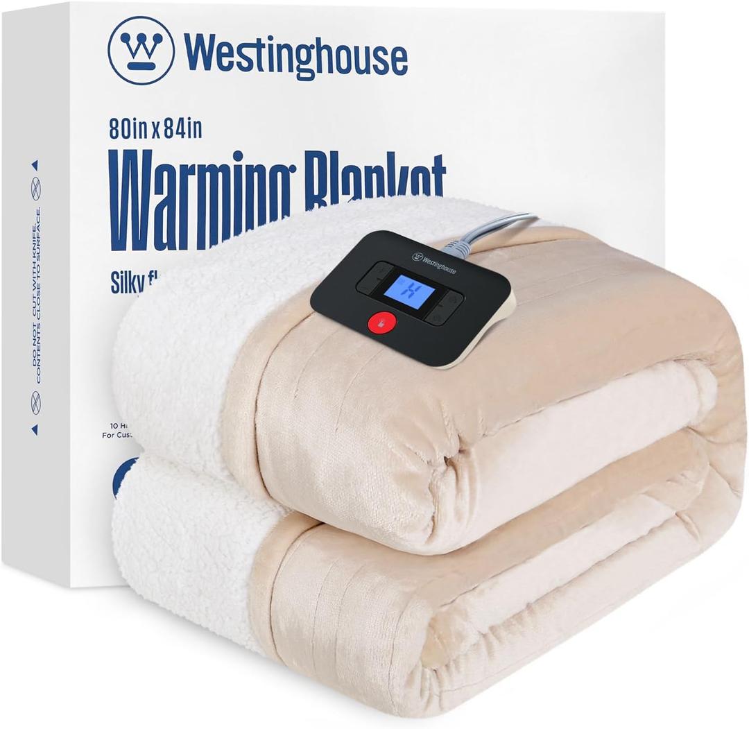 Westinghouse Electric Blanket Full, Heated Blanket Full Size with 10 Heating Levels and 1 to 12 Hours Heating Time Settings, Flannel to Sherpa Reversible, Machine Washable (80" x 84", Beige)
