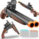 Double Barrel Toy Shotgun with Soft Bullets - Realistic Foam Blaster Gun for Kids, Sniper Rifle with Scope & Safe Rubber Bullets - Boys Outdoor Toys for Ages 6-12 (Brown)