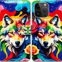 Case for iPhone 16 Pro Max with RFID Blocking,Colorful Rainbow Paint Wolf Roses Leather Flip Phone Case Wallet Cover with Card Slot Holder Kickstand for Apple iPhone 16 Pro Max