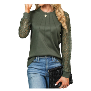 Blooming Jelly Women's Waffle Knit Tops Dressy Business Casual Blouses Lace Long Sleeve Work Shirts Fall Clothes Size Medium, Army Green 