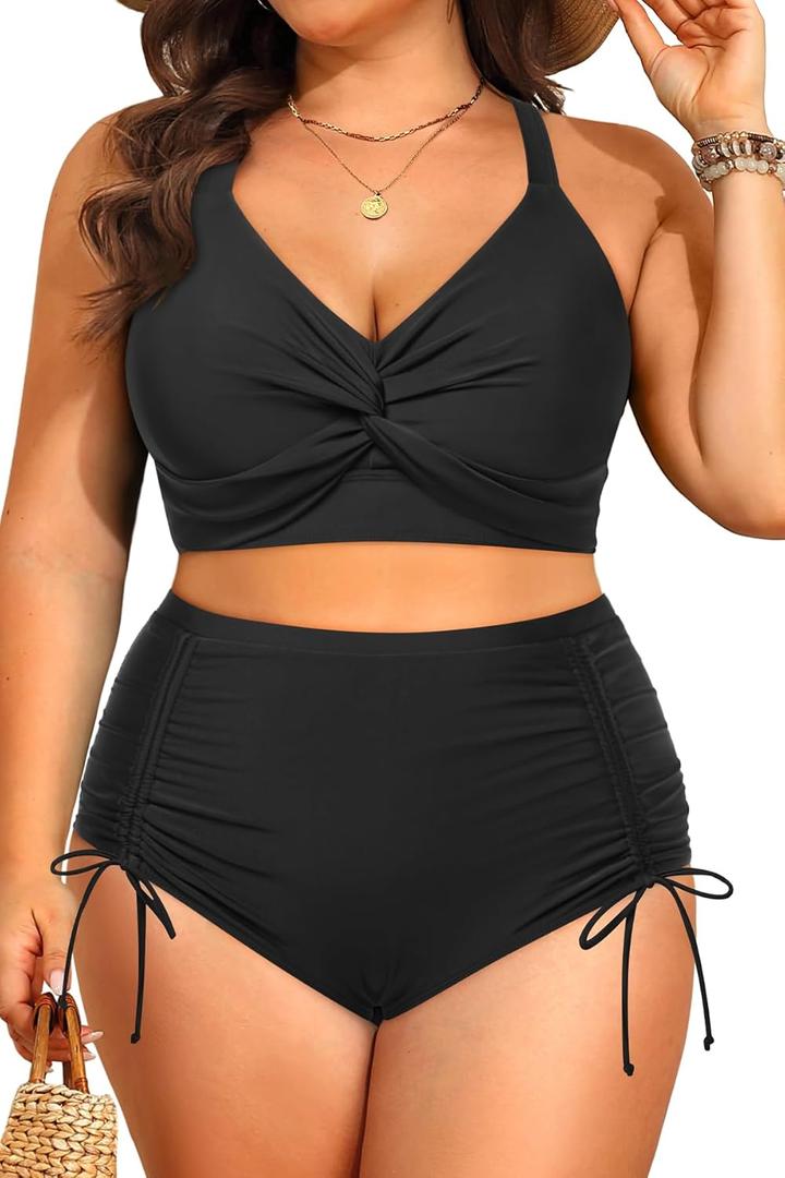 Women's Plus Size High Waisted Bikini -Twist Front Two Piece Swimsuit 2025 Tummy Control Bathing Suits with Drawstring, Size 18W (Black)