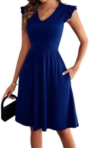 BARASA Women's Summer Dresses V Neck Ruffle Sleeveless Sundress A-line Knee Length Dress Cocktail Party with Pockets D648, XL