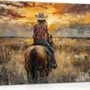 Western Cowgirl Riding Horse Canvas Wall Art Western Girl Room Oil Posters Pictures Sunset Countryside Landscape Painting Wall Decor Vintage Cowgirl Painting for bedroom country Framed