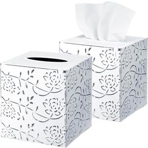 Tioncy 2 Pcs Country Chic Modern Farmhouse Tissue Box Holder Christmas Decorative Metal Tissue Cover Rustic Square White Style for Bathroom Home Bedroom Office