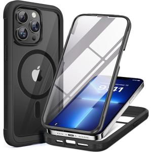 Miracase Magnetic for iPhone 13 Pro Max Case 6.7 inch, (Compatible with MagSafe) Upgrade Full-Body Clear Phone Bumper Case with Built-in 9H Tempered Glass Screen Protector, Magnetic Classic Black