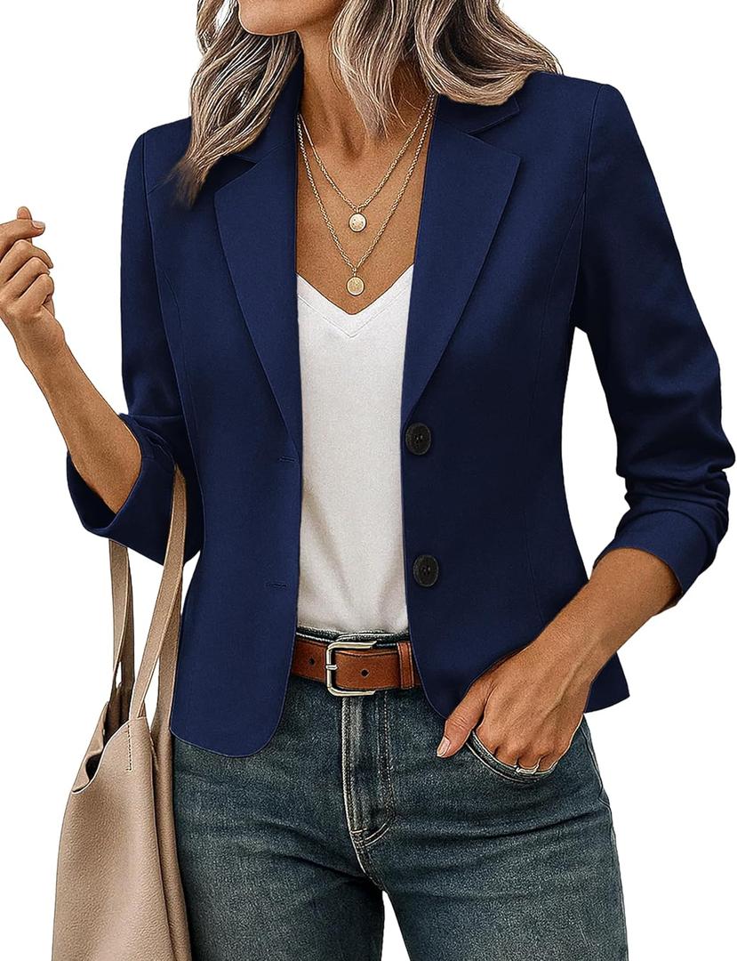 FOLUNSI Women's Business Casual Cropped Blazer Lapel Collar Long Sleeve Work Office Suit Jacket with Fully Lined, Blue, Medium
