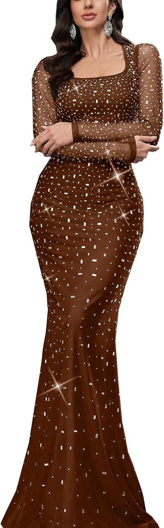 Women's Formal Evening Gown Elegant Rhinestone Long Prom Dress Wedding Guest Party Cocktail Bridesmaid Maxi Dress (Medium, #1 Coffee Brown)
