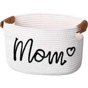 Meanplan Mom Birthday Gift Basket Empty with Handles Mom Mama Mother Cotton Rope Storage Basket Gift Bag Empty Storage Organizer Bin for Mama Mommy Nursery Home Birthday (15 x 10 x 9 Inches, Mother)