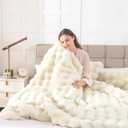 Luxury Faux Fur Throw Blanket, 50"x60" Fluffy Bubble Blanket, 1000GSM Ultra Soft Reversible Rabbit Fur Blanket for Couch Sofa, Cream White