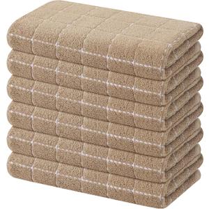 100% Cotton Terry Cloth Kitchen Towels, Super Soft and Absorbent Dish Towels for Drying, Checkered Designed Hand Towels for Kitchen, 16 x 26 Inches, 6 Pack, Tan