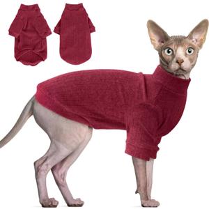 Idepet Sphynx Hairless Cats Sweater Shirt Kitten Soft Puppy Clothes Pullover Cute Cat Pajamas Jumpsuit Cotton Apparel Pet Winter Turtleneck for Cats and Teacup Chihuahua Small Dogs(Red,M)