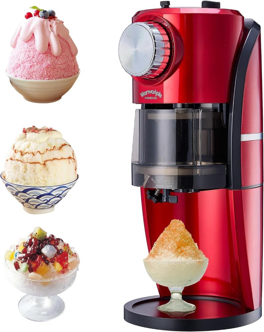 Wanvoapls Shaved Ice Machine - Snow Cone Machine for Homemade Shaved Ice, Snow Cones, Slushie Ice Shaver With Stainless Steel Blade Adjustment Knob, 2 Reusable Ice Mold Cup for snowflakes - Retro Red