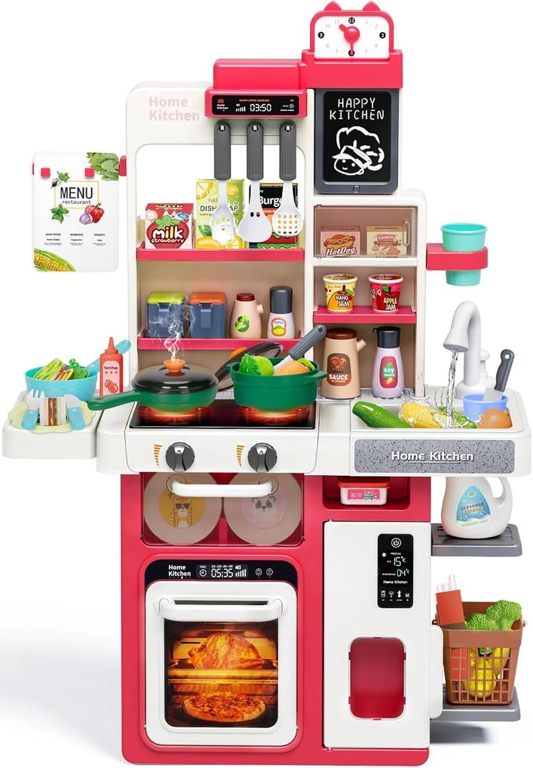 Red Kids Play Kitchen Set, Toddler Kitchen Playset with Sound & Light, Cooking Stove with Steam, Play Sink, Play Food Toy and Kitchen Accessories, Kitchen Toy for Kids Girls Boys - Red