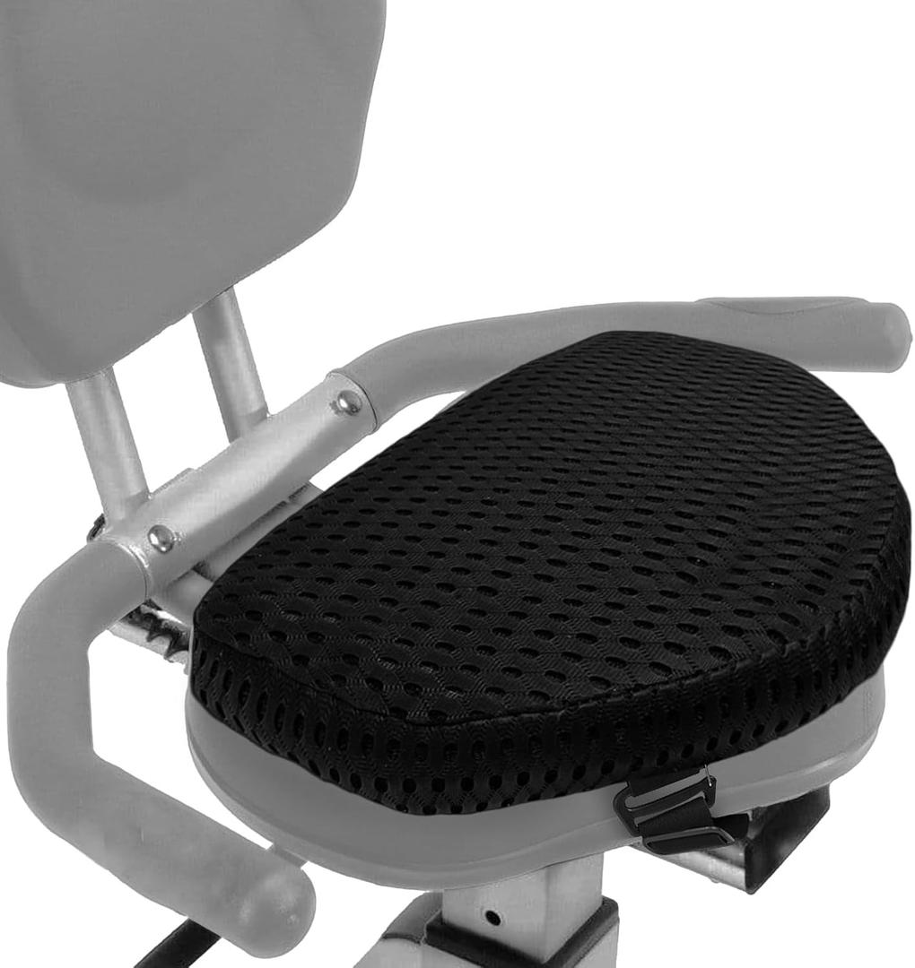 3" Thick Universal Recumbent Bike Seat Cushion - Anti-Slip Pad with Fixed Strap & One-Sided Silicone Printing Exercise Bikes Seat Cushion (Black)